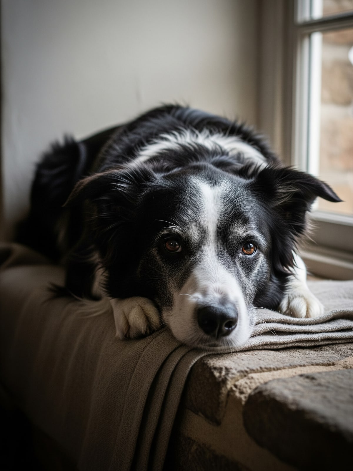 Lierre, border collie noir et blanc âgée, portrait paisible à la fenêtre