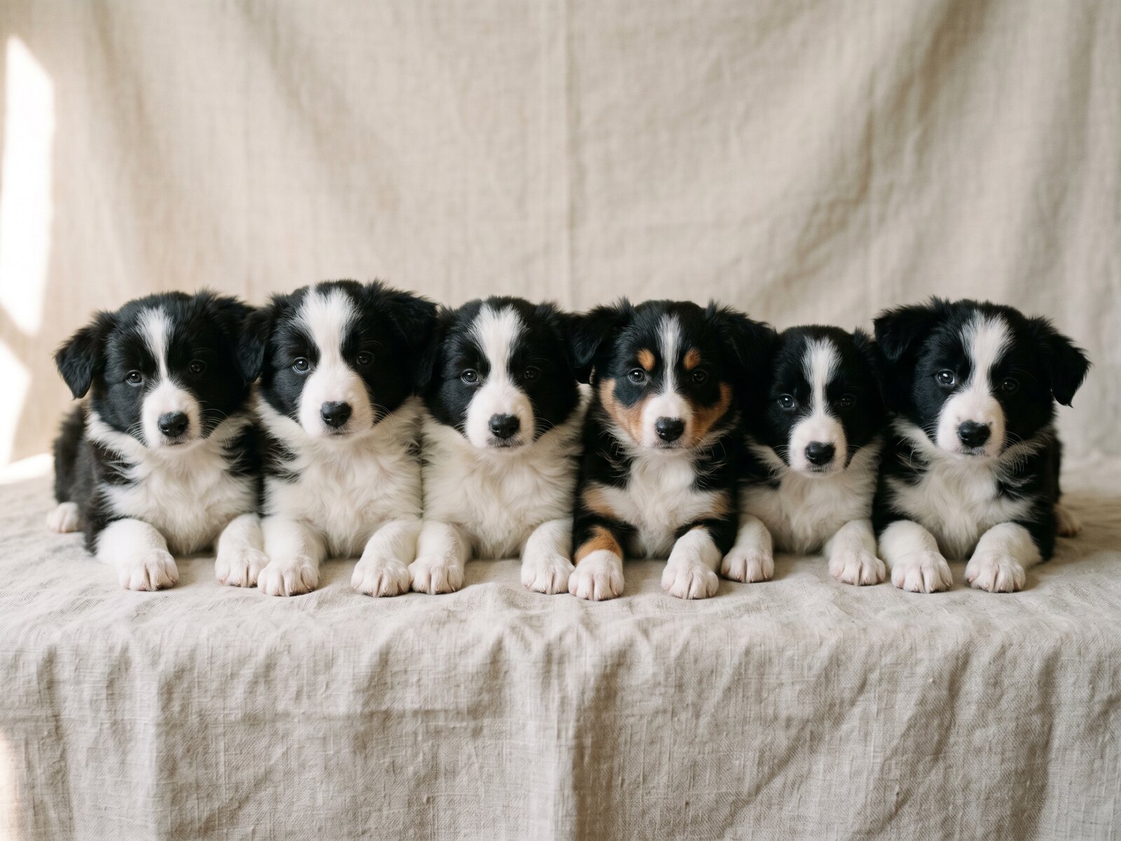 Six chiots border collie de huit semaines alignés sur un drap de lin clair