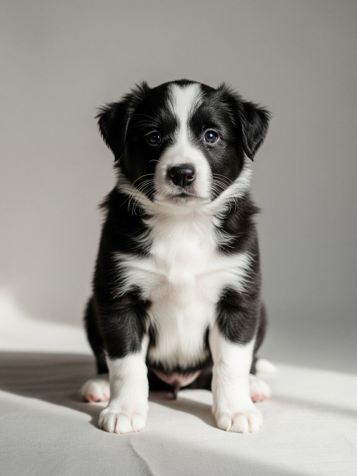 Bran, chiot border collie noir et blanc de huit semaines, assis face à l'objectif