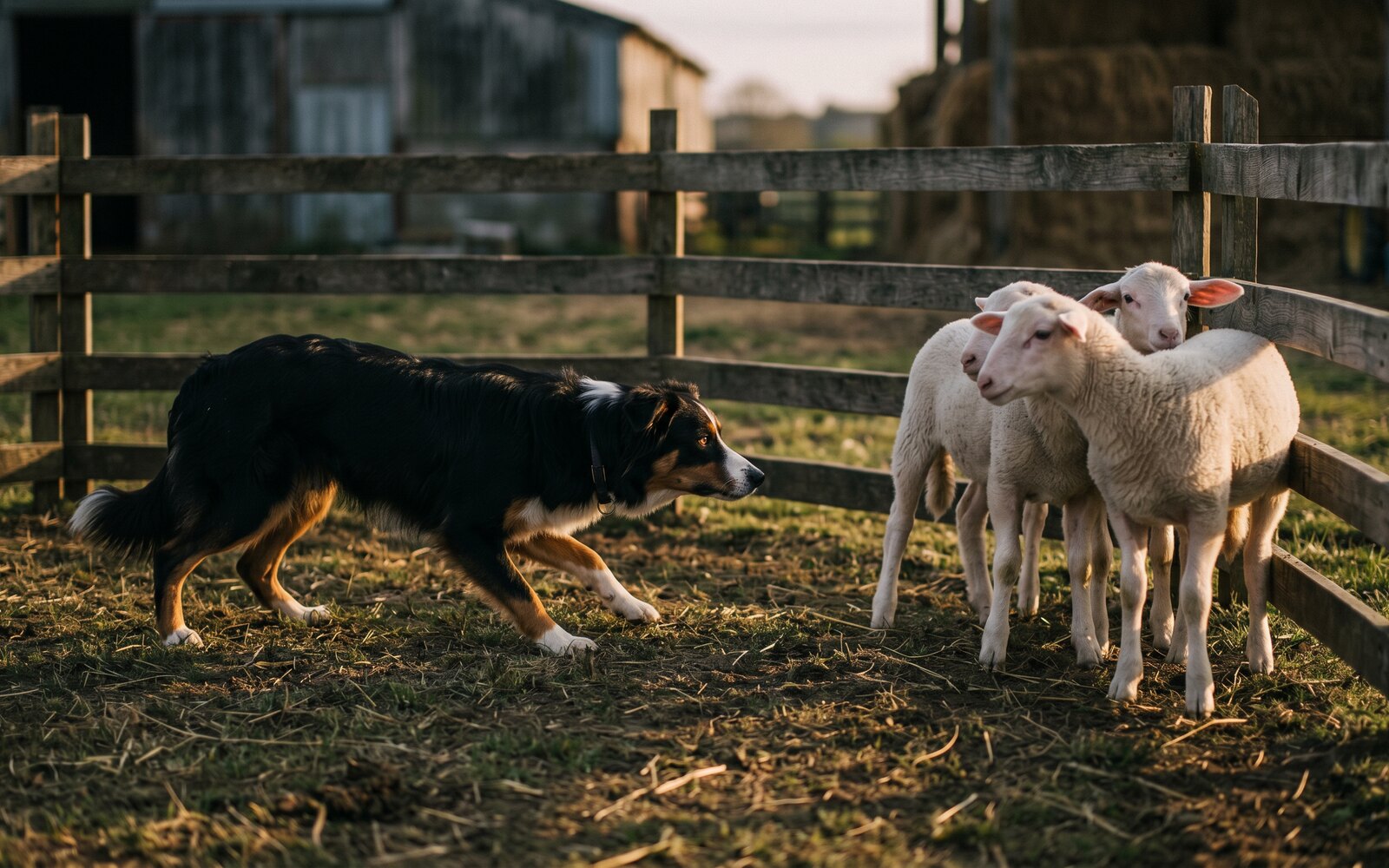 Vasco jeune chien en apprentissage face à trois agnelles, tenu par le regard